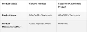 NAFDAC Alerts Public to Suspected Counterfeit ORACIRE+ Toothpaste 4 HSLuiabbYAATmQa